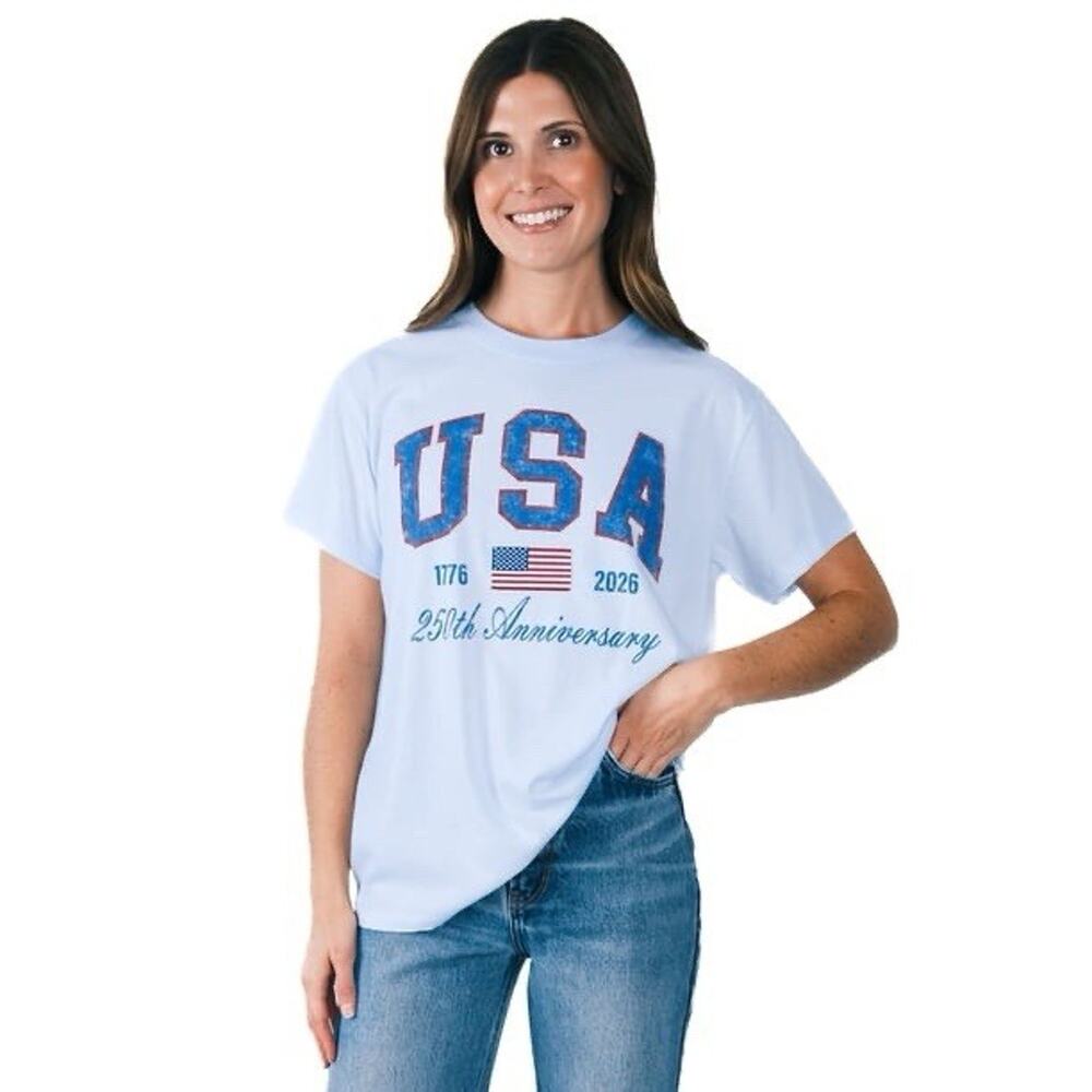 Mighty Fine Womens Size M Light Blue Cotton Knit Crew Neck Short Sleeve USA Tee